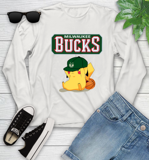NBA Pikachu Basketball Sports Milwaukee Bucks Youth Long Sleeve 12