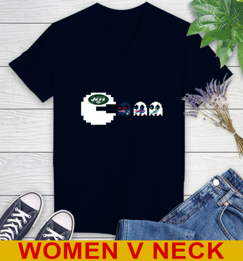 New York Jets NFL Football Pac Man Champion Women's V-Neck T-Shirt 3