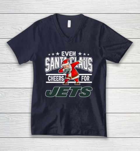 New York Jets Even Santa Claus Cheers For Christmas NFL V-Neck T-Shirt 2