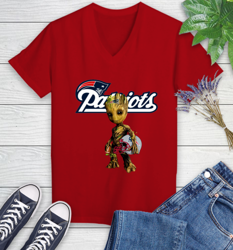 New England Patriots NFL Football Groot Marvel Guardians Of The Galaxy Women's V-Neck T-Shirt 12
