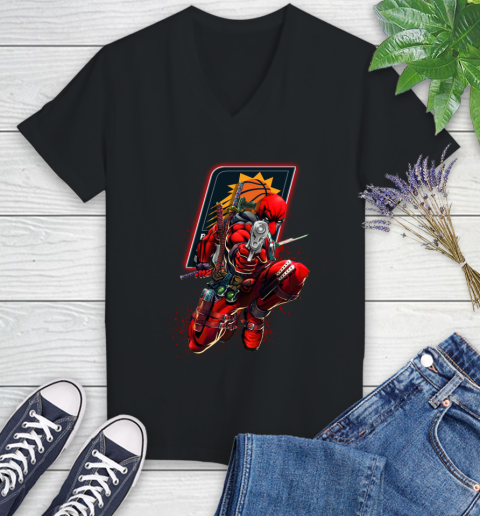 NBA Deadpool Marvel Comics Sports Basketball Phoenix Suns Women's V-Neck T-Shirt 2