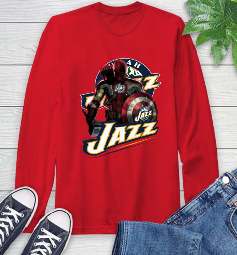 Utah Jazz NBA Basketball Captain America Thor Spider Man Hawkeye Avengers Long Sleeve T-Shirt 10