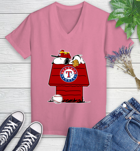MLB Texas Rangers Snoopy Woodstock The Peanuts Movie Baseball T Shirt Women's V-Neck T-Shirt 13