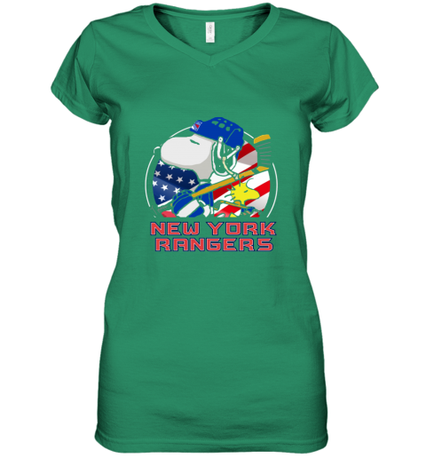 nkex new york rangersnoopy and woodstock nhl women v neck t shirt 39 front irish green