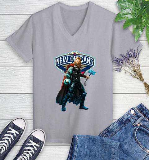 NBA Thor Avengers Endgame Basketball New Orleans Pelicans Women's V-Neck T-Shirt 4