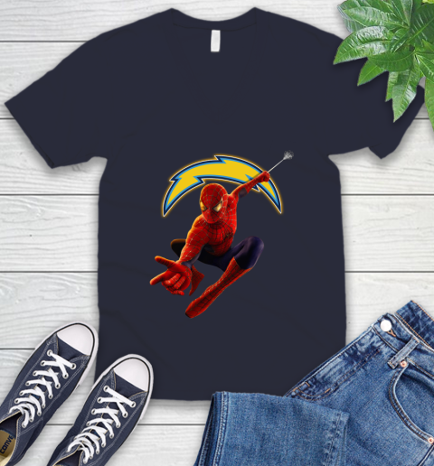 NFL Spider Man Avengers Endgame Football Los Angeles Chargers V-Neck T-Shirt 4 NFL Spider Man Avengers Endgame Football Los Angeles Chargers V-Neck T-Shirt - Image 4