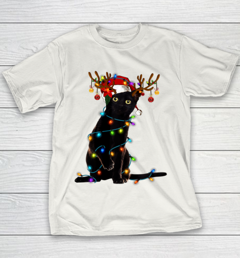 Black Cat Christmas Light T Shirt Funny Cat Lover Christmas Youth T-Shirt