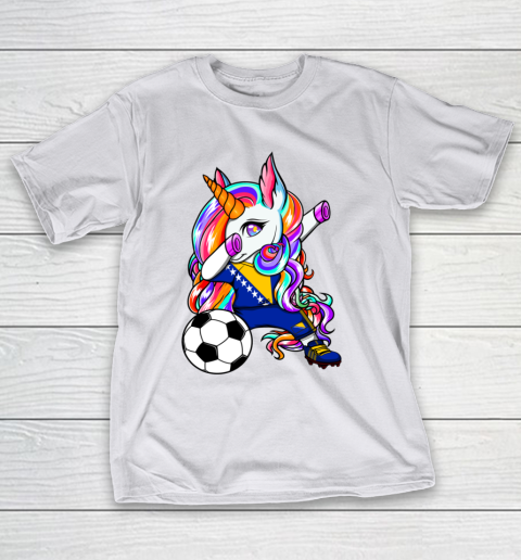 Dabbing Unicorn Bosnia Herzegovina Soccer Fans Flag Football T-Shirt 12