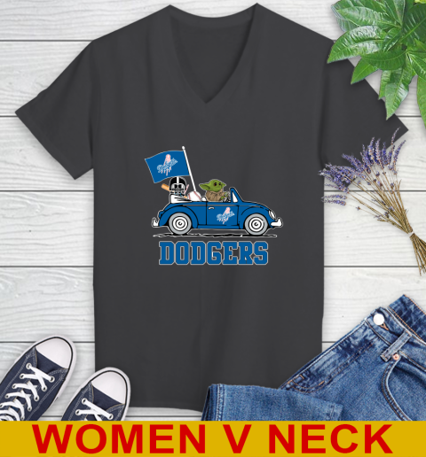 MLB Baseball Los Angeles Dodgers Darth Vader Baby Yoda Driving Star Wars Shirt Women's V-Neck T-Shirt 9