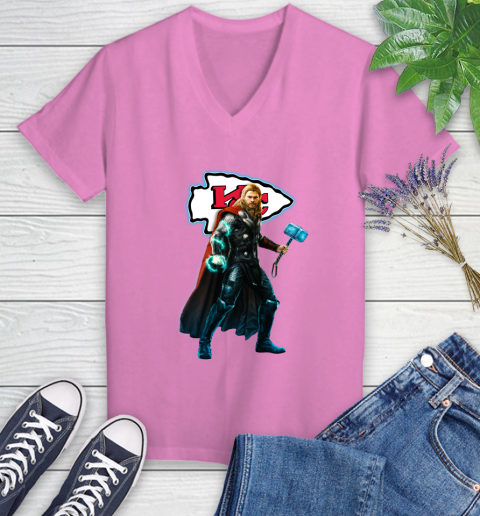 NFL Thor Avengers Endgame Football Kansas City Chiefs Women's V-Neck T-Shirt 14