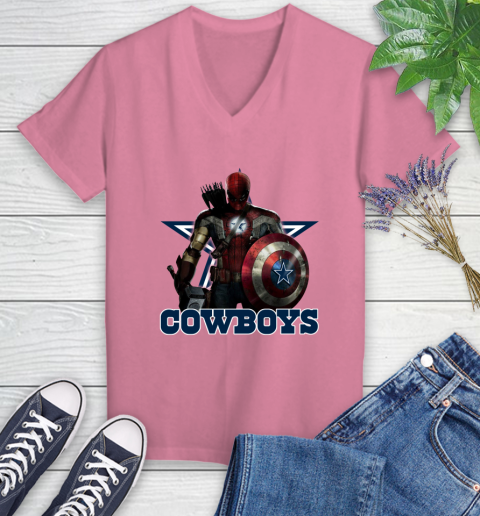 NFL Captain America Thor Spider Man Hawkeye Avengers Endgame Football Dallas Cowboys Women's V-Neck T-Shirt 13