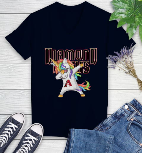 Arizona Diamondbacks MLB Baseball Funny Unicorn Dabbing Sports Women's V-Neck T-Shirt 3