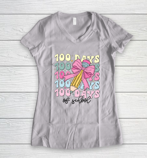 100 Days of School Girls Coquette Bow 100th Day of School Women's V-Neck T-Shirt
