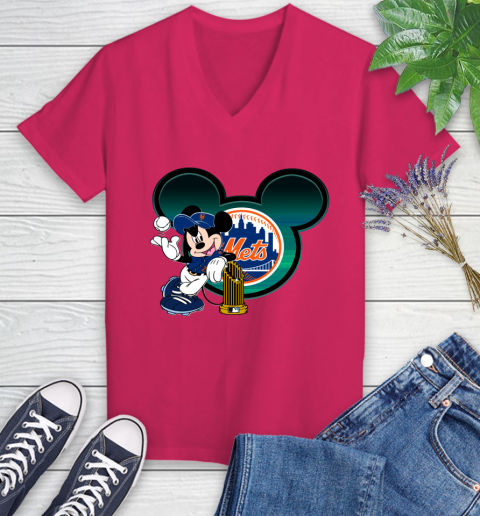 MLB New York Mets The Commissioner's Trophy Mickey Mouse Disney Women's V-Neck T-Shirt 9