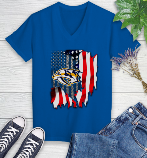 Nashville Predators NHL Hockey American Flag Women's V-Neck T-Shirt 10