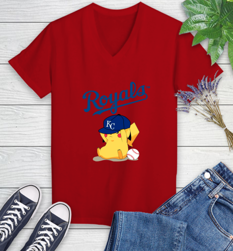MLB Pikachu Baseball Sports Kansas City Royals Women's V-Neck T-Shirt 12
