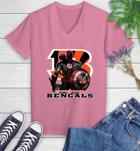 NFL Captain America Thor Spider Man Hawkeye Avengers Endgame Football Cincinnati Bengals Women's V-Neck T-Shirt 13