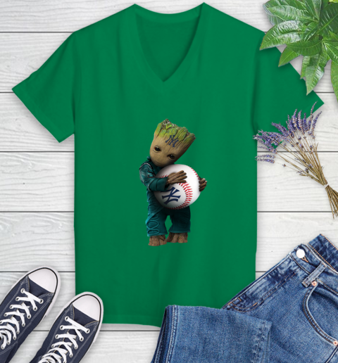 MLB Groot Guardians Of The Galaxy Baseball Sports New York Yankees Women's V-Neck T-Shirt 5