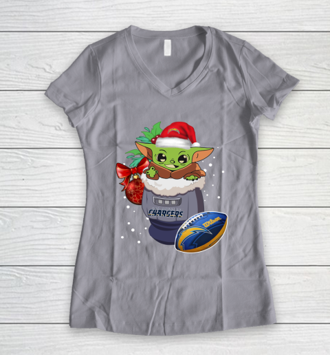 Los Angeles Chargers Christmas Baby Yoda Star Wars Funny Happy NFL Women's V-Neck T-Shirt 4
