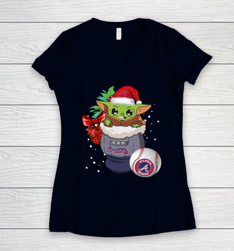 Atlanta Braves Christmas Baby Yoda Star Wars Funny Happy MLB Women's V-Neck T-Shirt 3