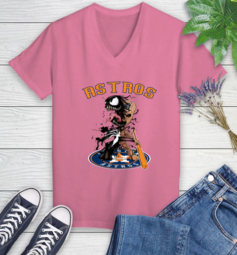 MLB Houston Astros Baseball Venom Groot Guardians Of The Galaxy Women's V-Neck T-Shirt 13