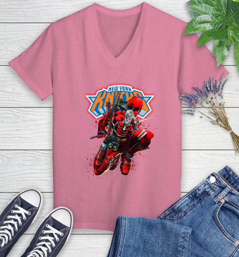 NBA Deadpool Marvel Comics Sports Basketball New York Knicks Women's V-Neck T-Shirt 13