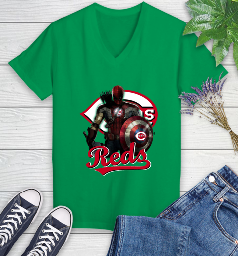 MLB Captain America Thor Spider Man Hawkeye Avengers Endgame Baseball Cincinnati Reds Women's V-Neck T-Shirt 5