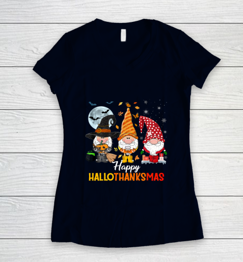 Gnomes Halloween And Merry Christmas Happy Hallothanksmas Women's V-Neck T-Shirt 2