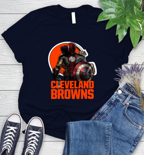 NFL Captain America Thor Spider Man Hawkeye Avengers Endgame Football Cleveland Browns Women's T-Shirt 3