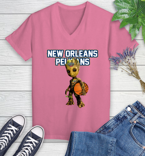 New Orleans Pelicans NBA Basketball Groot Marvel Guardians Of The Galaxy Women's V-Neck T-Shirt 13