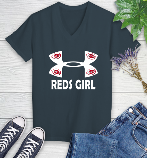 MLB Cincinnati Reds Under Armour Baseball Sports Women's V-Neck T-Shirt 8