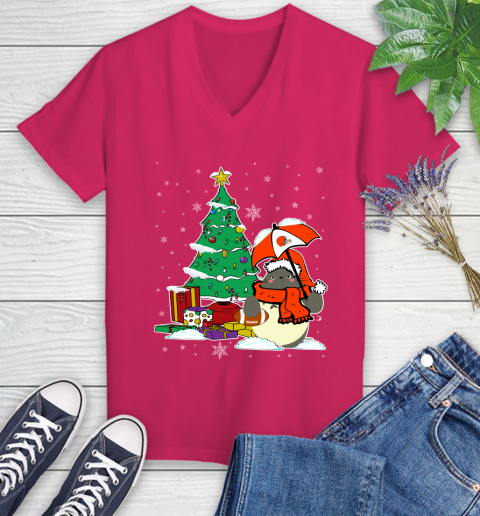 Cleveland Browns NFL Football Cute Tonari No Totoro Christmas Sports Women's V-Neck T-Shirt 9