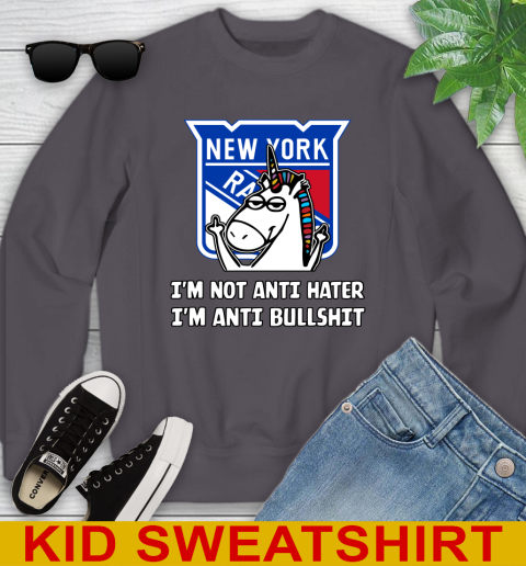 New York Rangers NHL Hockey Unicorn I'm Not Anti Hater I'm Anti Bullshit Youth Sweatshirt 6