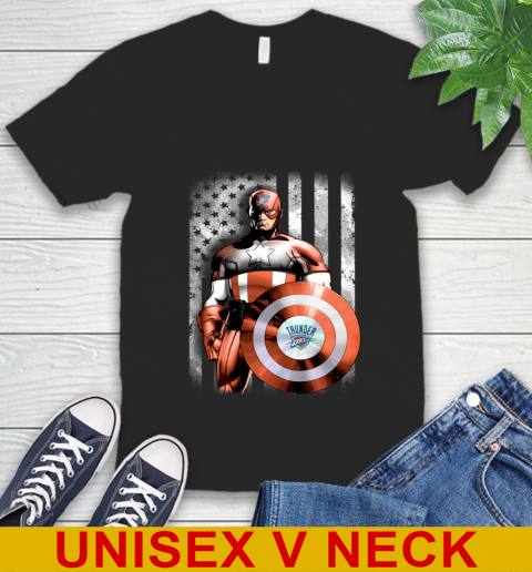 Oklahoma City Thunder NBA Basketball Captain America Marvel Avengers American Flag Shirt V-Neck T-Shirt