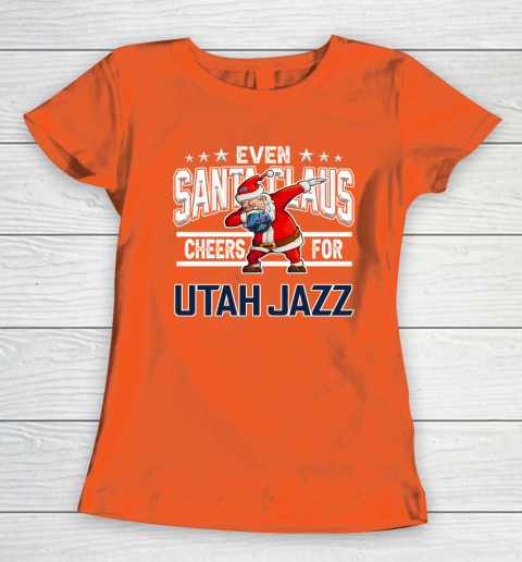 Utah Jazz Even Santa Claus Cheers For Christmas NBA Women's T-Shirt 3