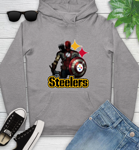NFL Captain America Thor Spider Man Hawkeye Avengers Endgame Football Pittsburgh Steelers Youth Hoodie 6
