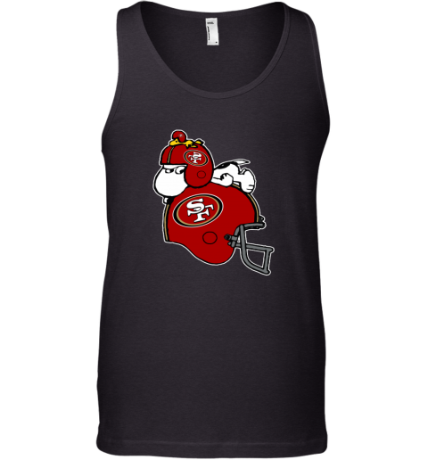 o1qj snoopy and woodstock resting on san francisco 49ers helmet unisex tank 17 front black