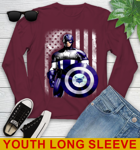 Charlotte Hornets NBA Basketball Captain America Marvel Avengers American Flag Shirt Youth Long Sleeve 6
