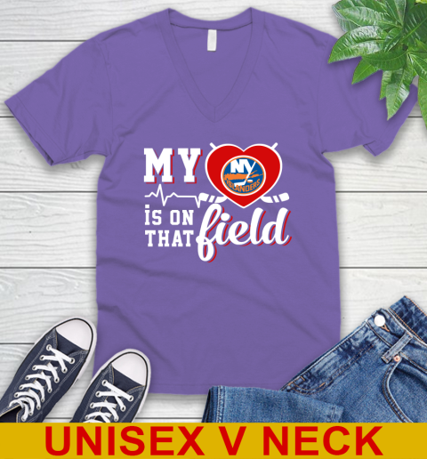 NHL My Heart Is On That Field Hockey Sports New York Islanders V-Neck T-Shirt 8