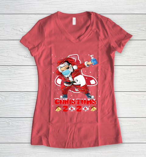 Boston Red Sox Funny Santa Claus Dabbing Christmas 2020 MLB Women's V-Neck T-Shirt 4