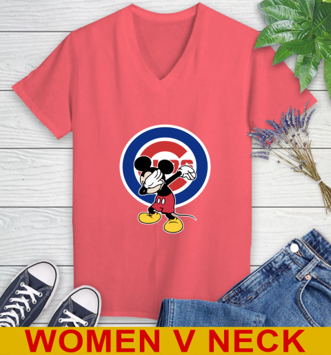 Chicago Cubs MLB Baseball Dabbing Mickey Disney Sports Women's V-Neck T-Shirt 7
