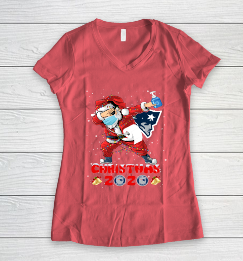 New England Patriots Funny Santa Claus Dabbing Christmas 2020 NFL Women's V-Neck T-Shirt 4