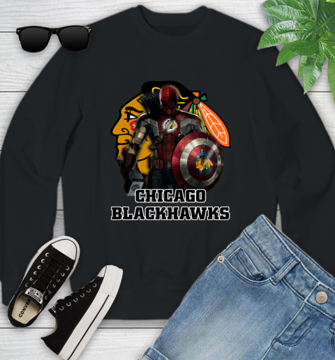 NHL Captain America Thor Spider Man Hawkeye Avengers Endgame Hockey Chicago Blackhawks Youth Sweatshirt 2