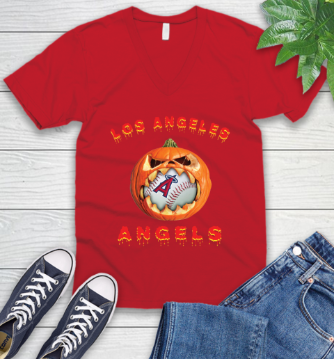 MLB Los Angeles Angels Halloween Pumpkin Baseball Sports V-Neck T-Shirt 7