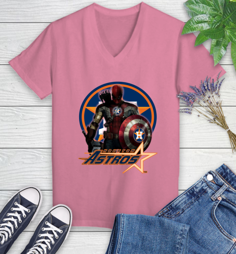 MLB Captain America Thor Spider Man Hawkeye Avengers Endgame Baseball Houston Astros Women's V-Neck T-Shirt 13