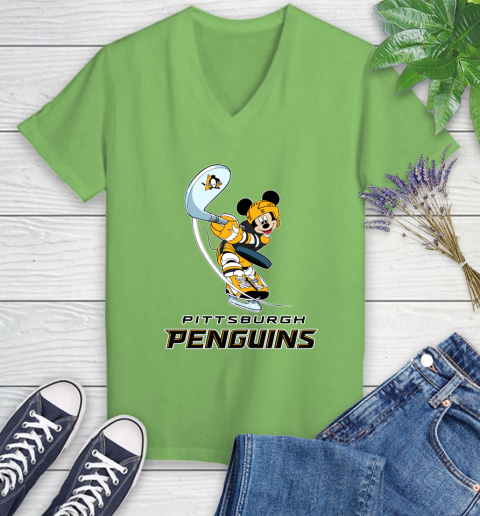 NHL Hockey Pittsburgh Penguins Cheerful Mickey Mouse Shirt Women's V-Neck T-Shirt 9