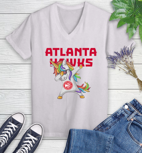 Atlanta Hawks NBA Basketball Funny Unicorn Dabbing Sports Women's V-Neck T-Shirt