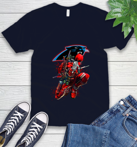 NFL Deadpool Marvel Comics Sports Football Carolina Panthers V-Neck T-Shirt 3