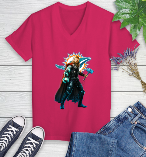 NFL Thor Avengers Endgame Football Miami Dolphins Women's V-Neck T-Shirt 9