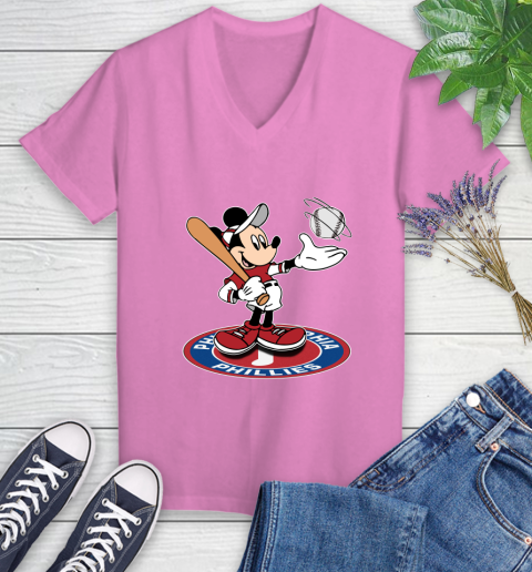 MLB Baseball Philadelphia Phillies Cheerful Mickey Disney Shirt Women's V-Neck T-Shirt 12